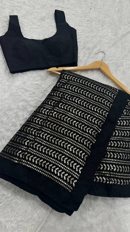 Glorious Black Color Sequins Work Georgette Saree
