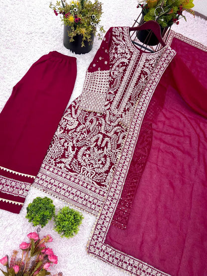 Stylish Rani Pink Georgette Sequence Work Straight Salwar Suit