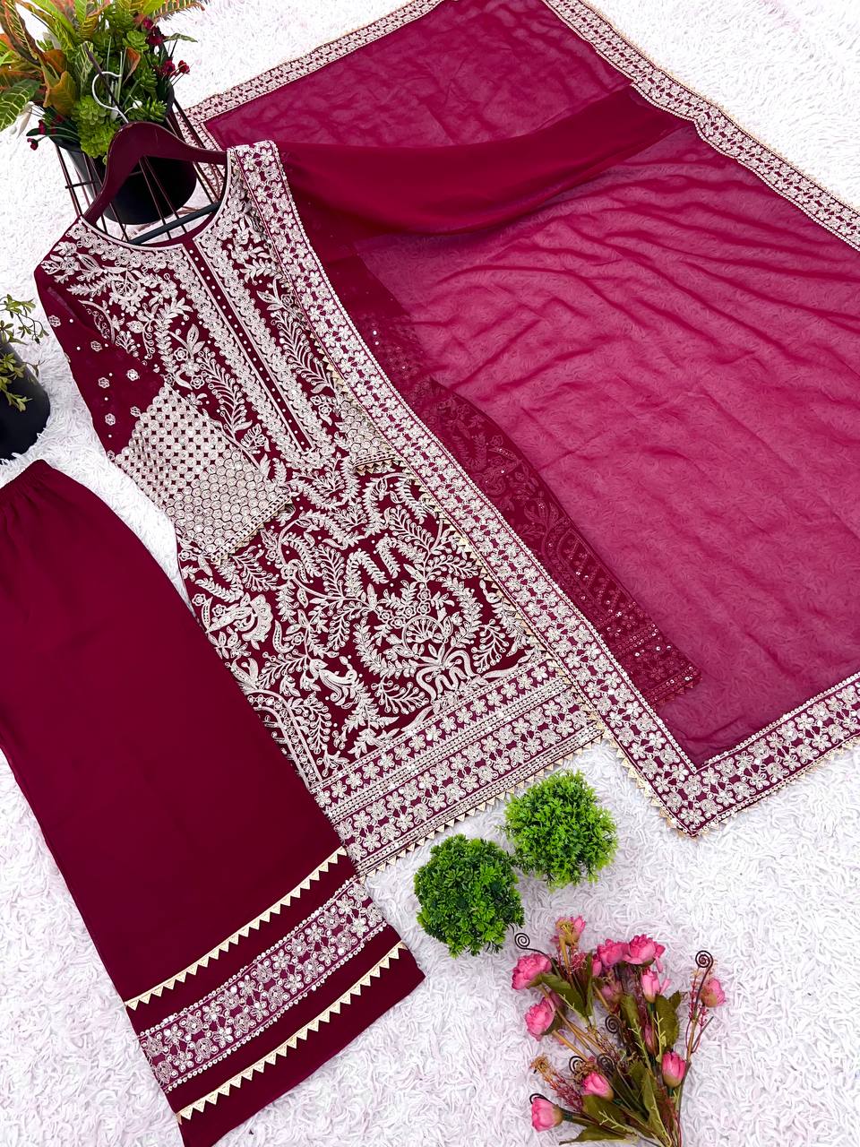 Stylish Rani Pink Georgette Sequence Work Straight Salwar Suit