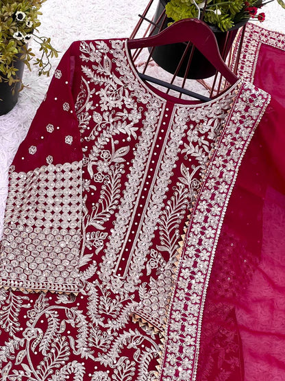 Stylish Rani Pink Georgette Sequence Work Straight Salwar Suit