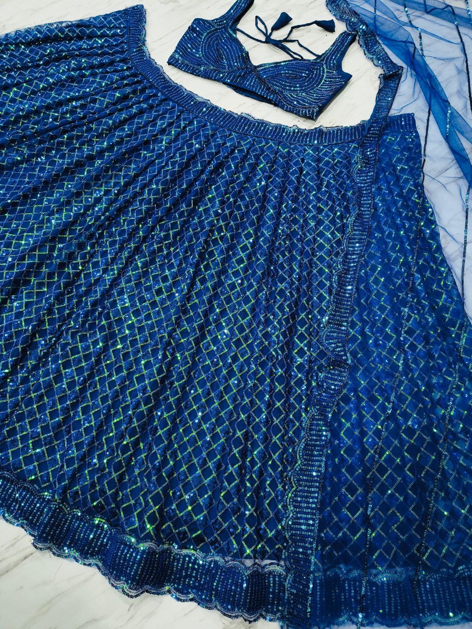 Wedding Collection Blue Color Net Zari Work Lehenga Choli