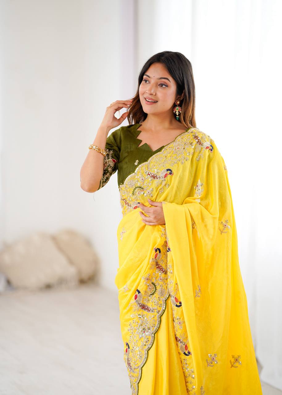 Ravishing Yellow Sequence Work Silk Saree
