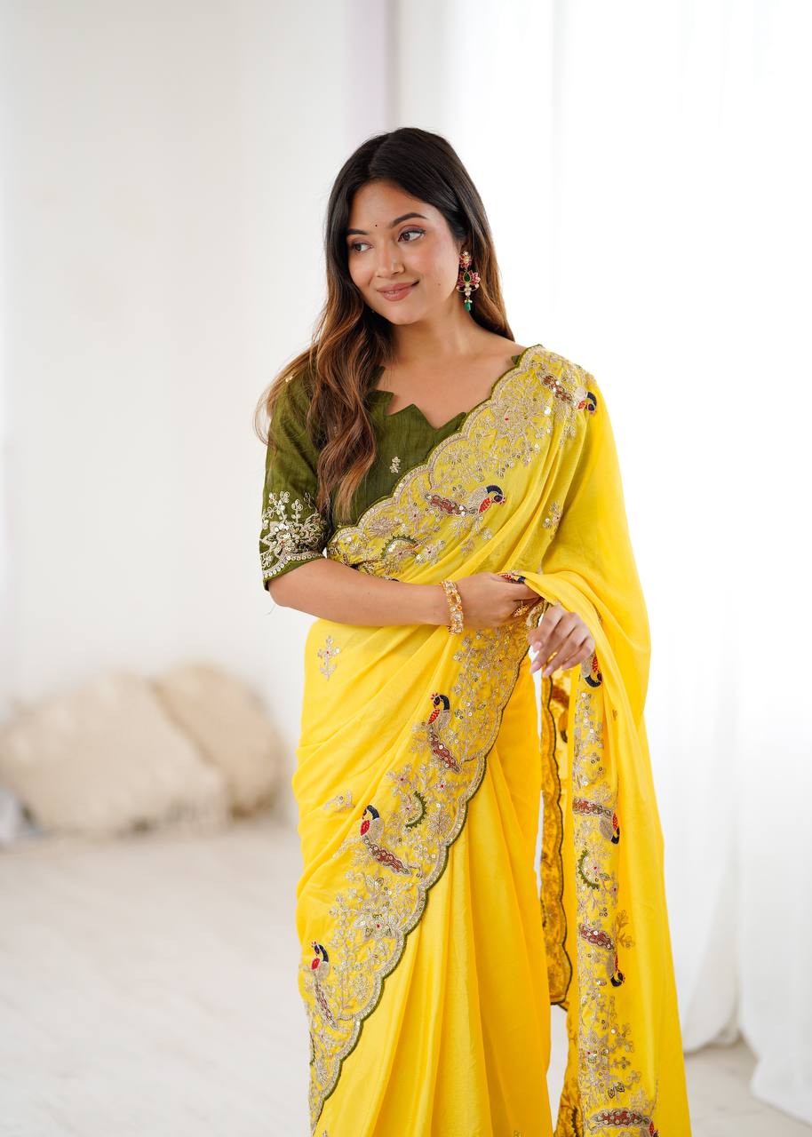 Ravishing Yellow Sequence Work Silk Saree