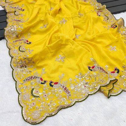 Ravishing Yellow Sequence Work Silk Saree