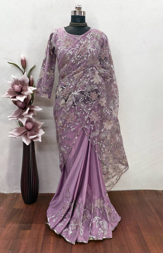 Trendy Lavender Color Net Sequence Work Ready To Wear Saree