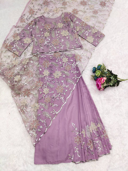 Trendy Lavender Color Net Sequence Work Ready To Wear Saree