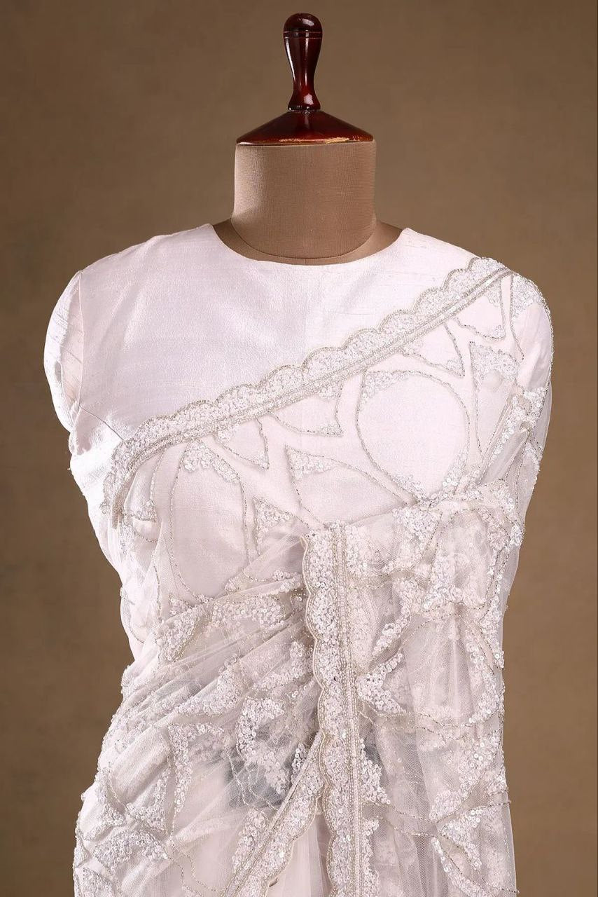 Marvelous White Net with Sequins Work Net Saree