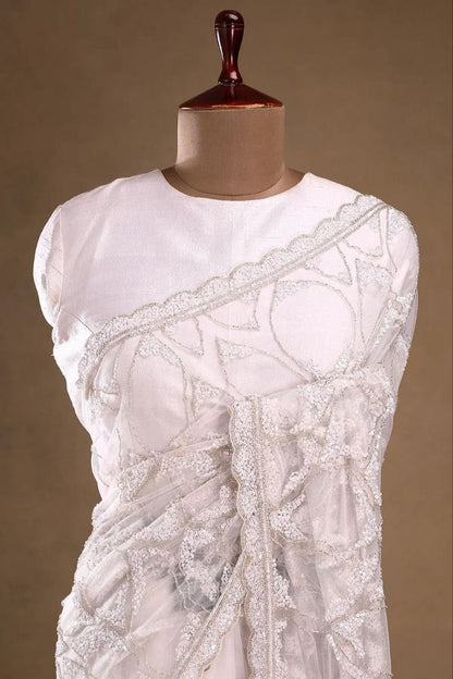 Marvelous White Net with Sequins Work Net Saree