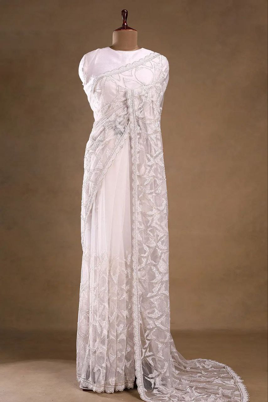 Marvelous White Net with Sequins Work Net Saree