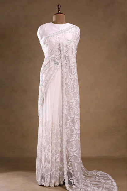Marvelous White Net with Sequins Work Net Saree