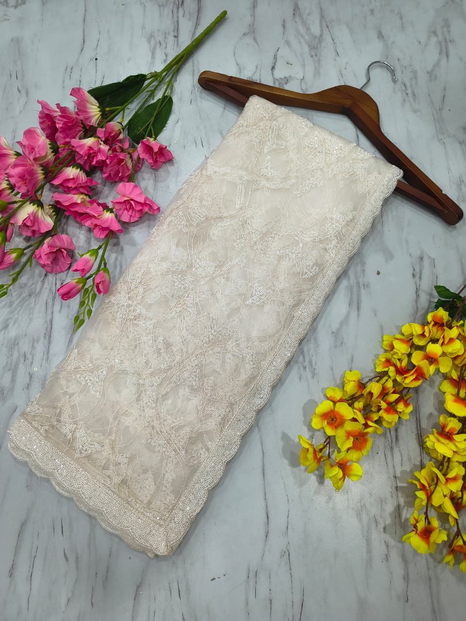 Marvelous White Net with Sequins Work Net Saree