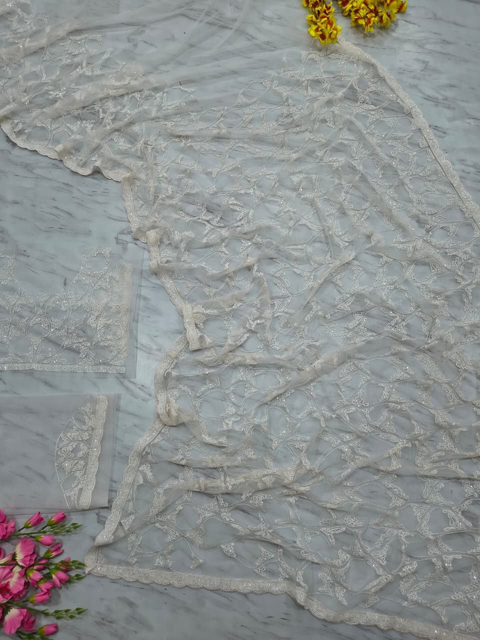 Marvelous White Net with Sequins Work Net Saree