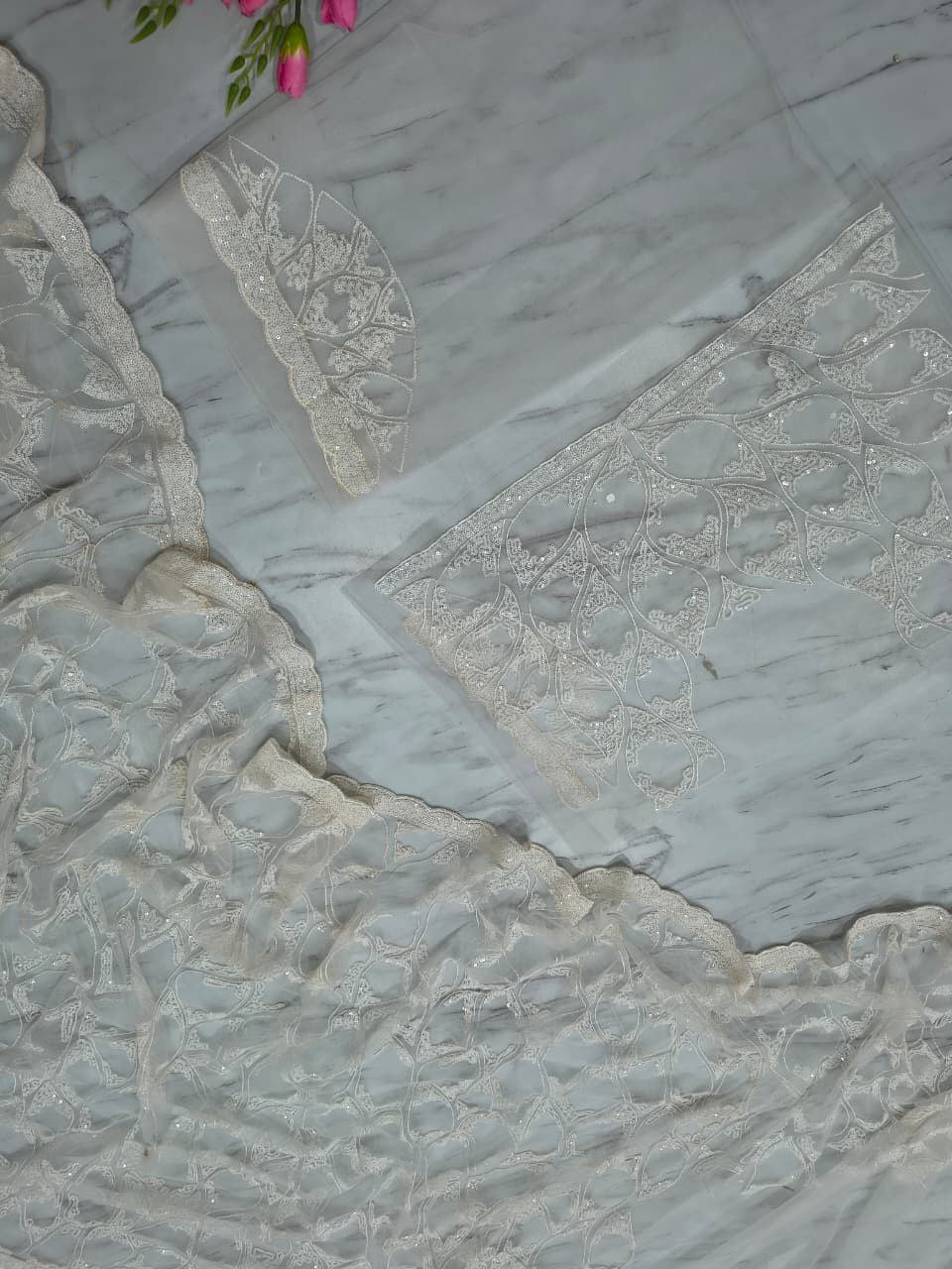 Marvelous White Net with Sequins Work Net Saree