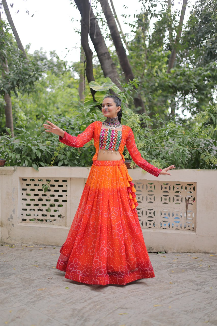Orange Color Bandhani Print Work Lehenga For Navratri Collection
