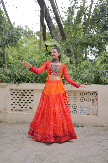 Orange Color Bandhani Print Work Lehenga For Navratri Collection