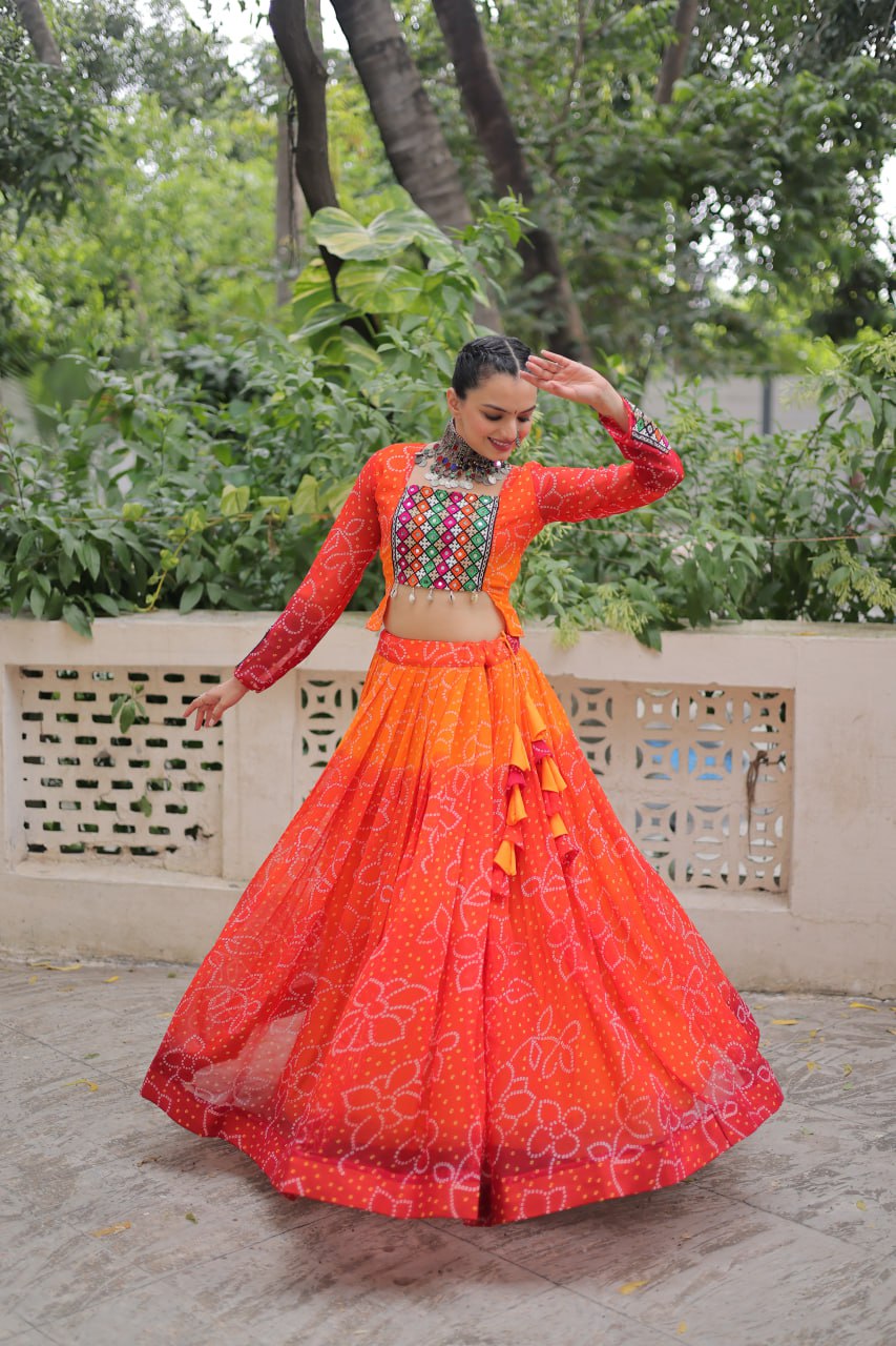 Orange Color Bandhani Print Work Lehenga For Navratri Collection