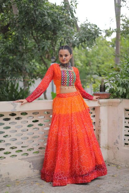 Orange Color Bandhani Print Work Lehenga For Navratri Collection