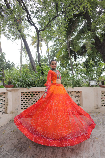 Orange Color Bandhani Print Work Lehenga For Navratri Collection