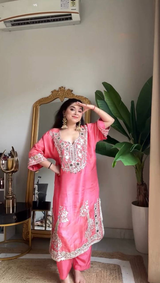 Gorgeous Pink Color Sequence Work Palazzo Suit