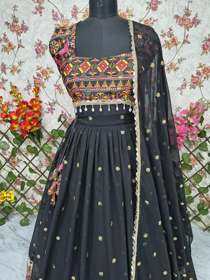 Designer Black Color Georgette Mirror Work Lehenga Choli