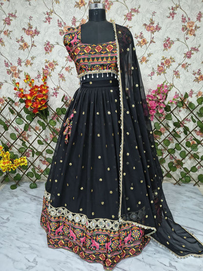 Designer Black Color Georgette Mirror Work Lehenga Choli