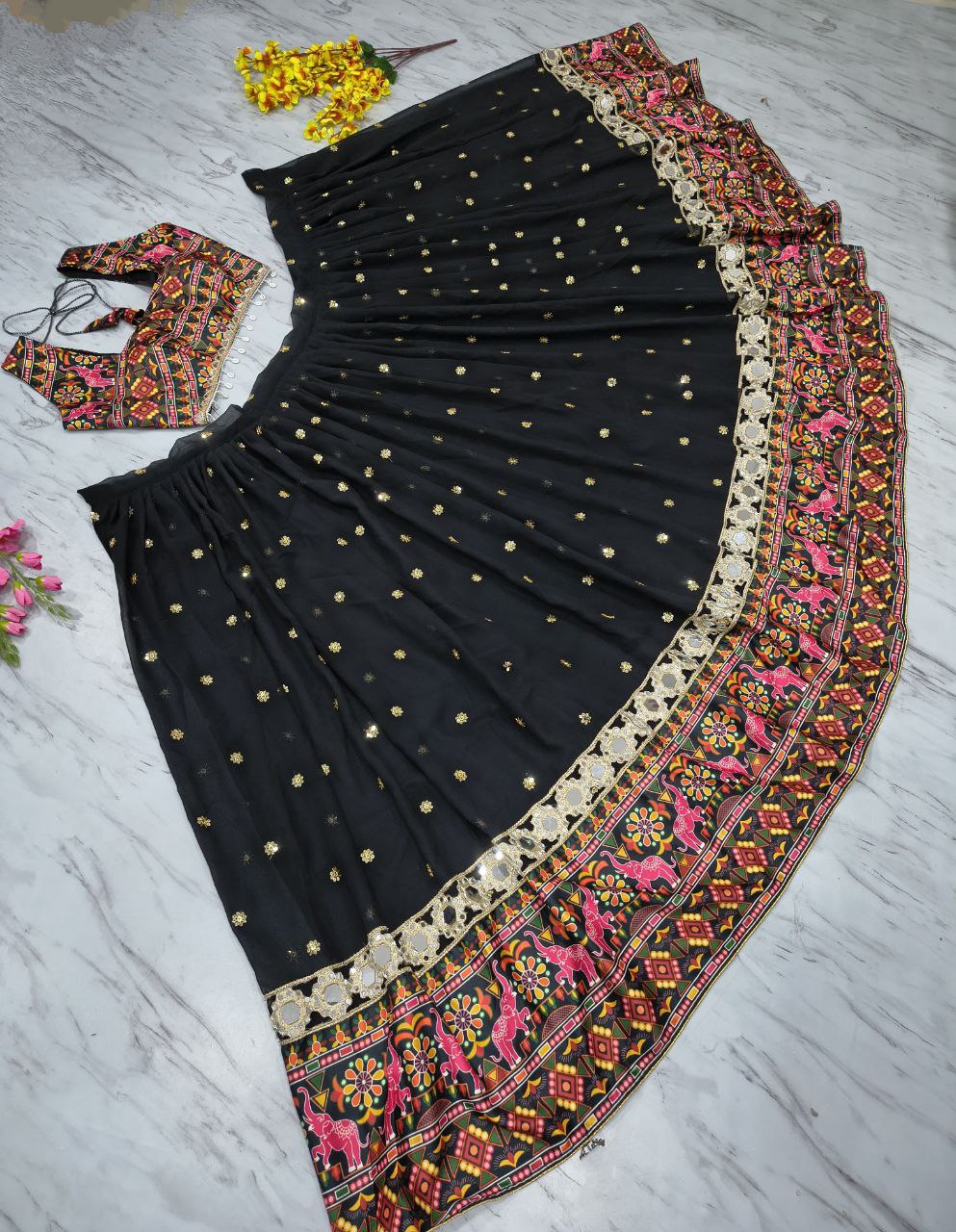Designer Black Color Georgette Mirror Work Lehenga Choli