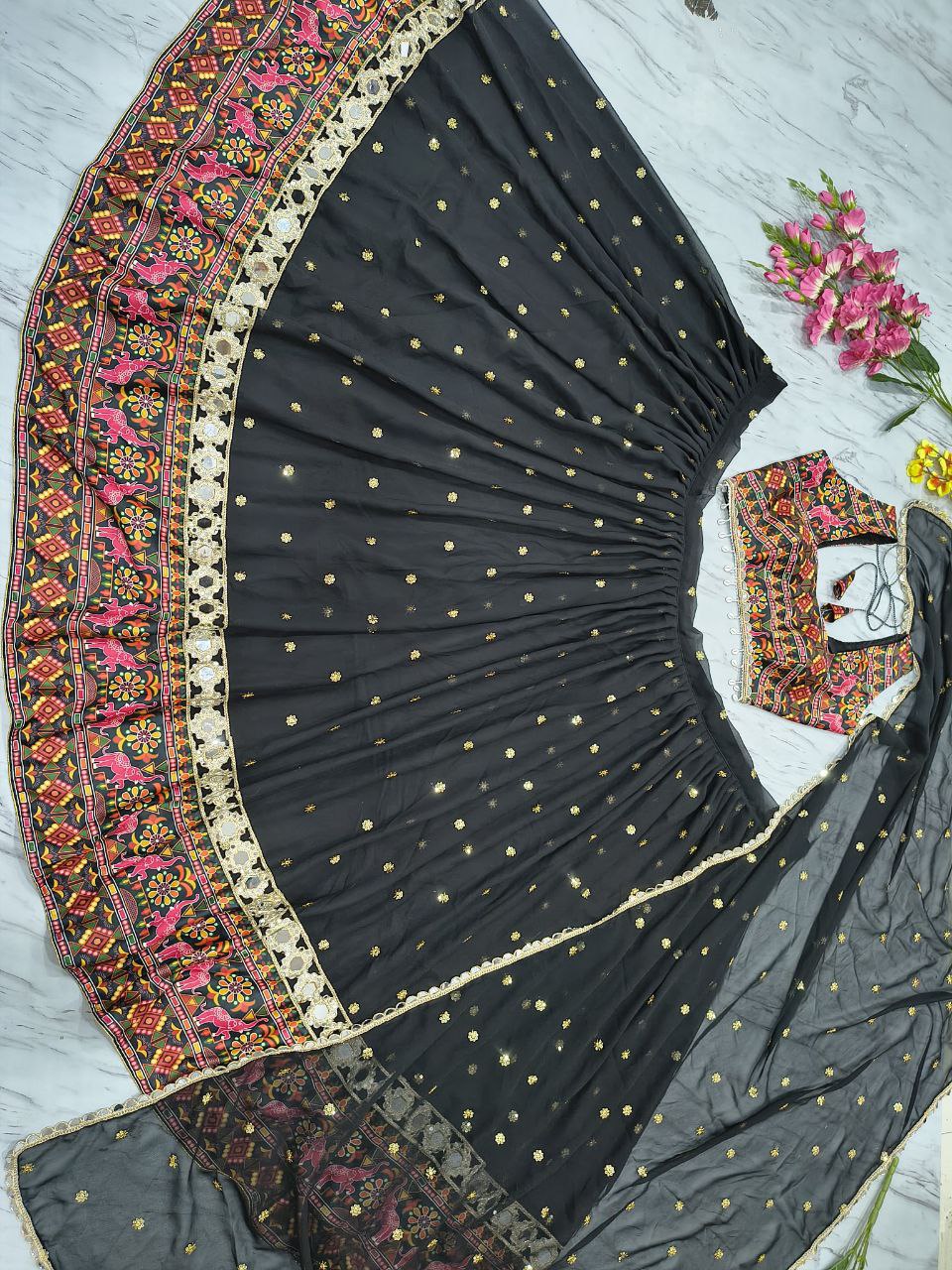 Designer Black Color Georgette Mirror Work Lehenga Choli