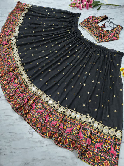 Designer Black Color Georgette Mirror Work Lehenga Choli