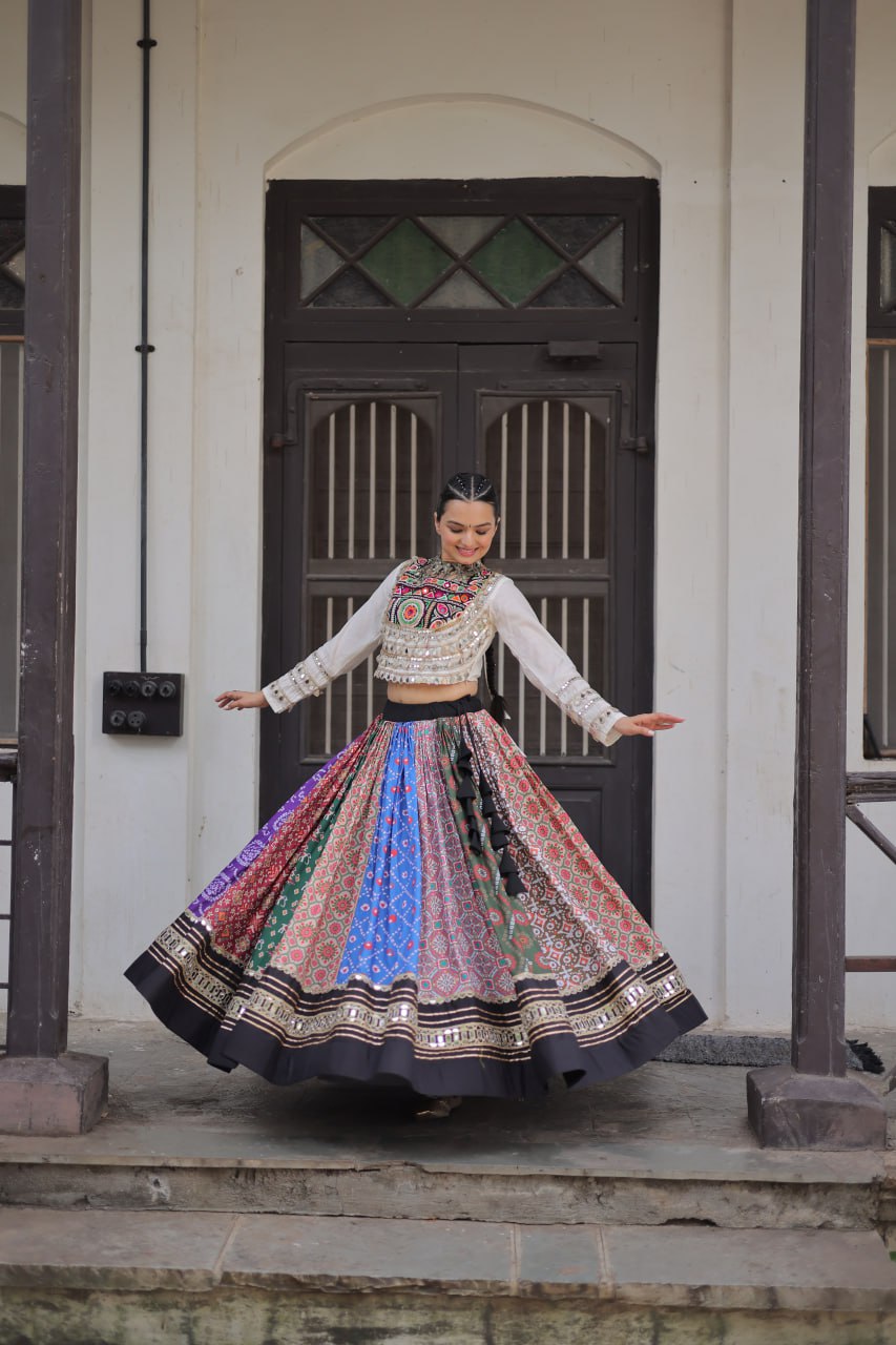 White Blouse With Multicolor Lehenga For Navratri Wear
