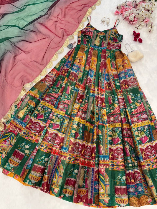 Multi Design With Maroon Color Digital Printed Organza Gown