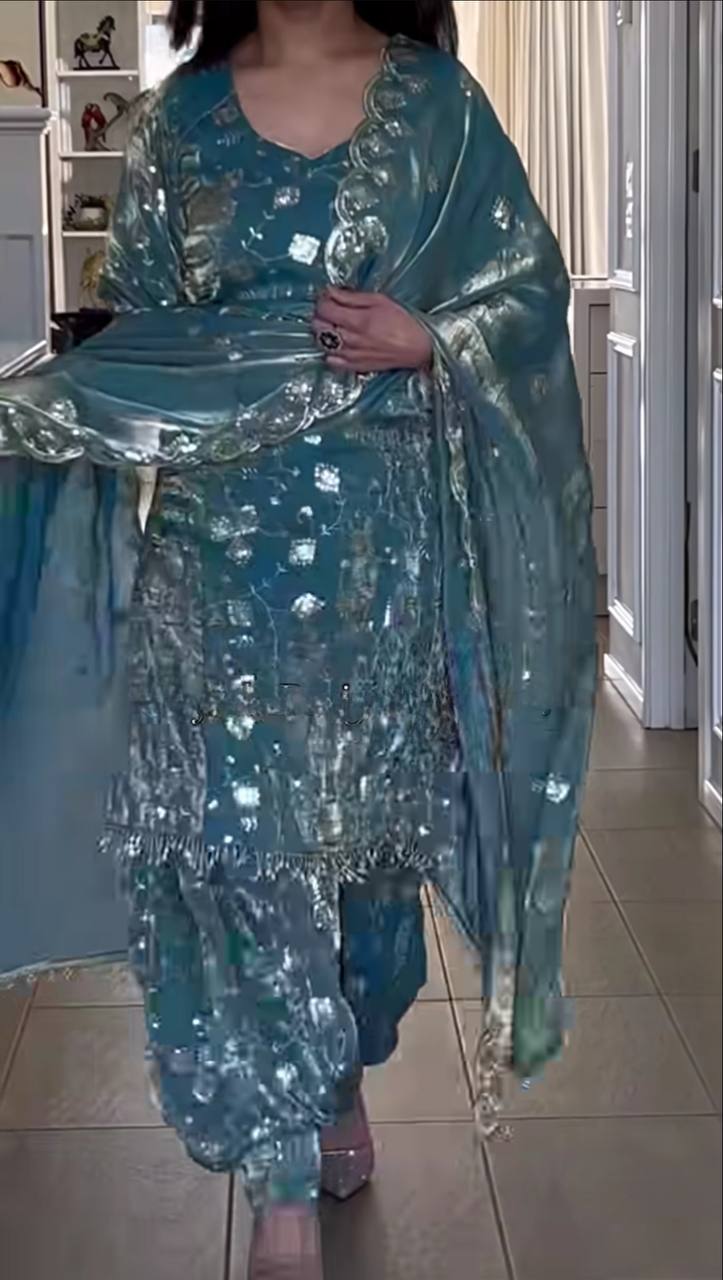 Stunning Teal Blue Color Sequence Work Dhoti Suit