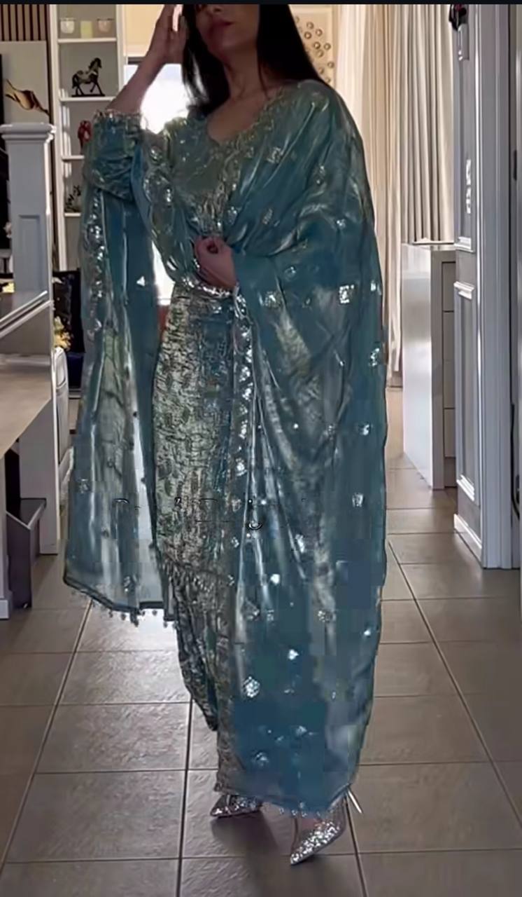 Stunning Teal Blue Color Sequence Work Dhoti Suit