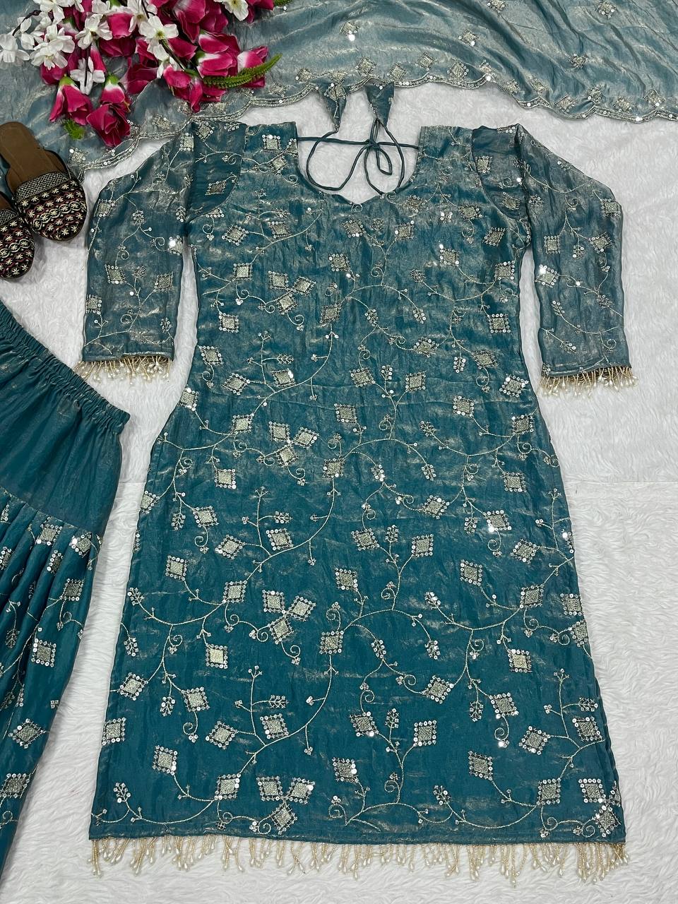 Stunning Teal Blue Color Sequence Work Dhoti Suit