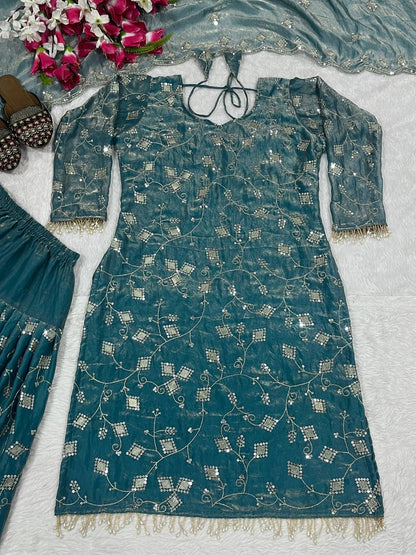 Stunning Teal Blue Color Sequence Work Dhoti Suit