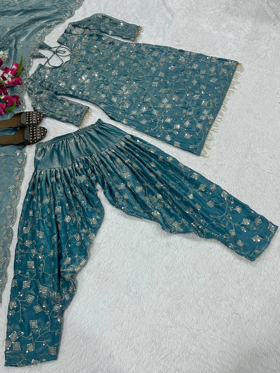 Stunning Teal Blue Color Sequence Work Dhoti Suit