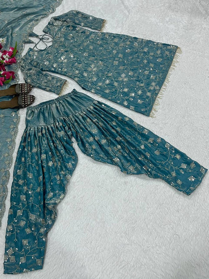 Stunning Teal Blue Color Sequence Work Dhoti Suit