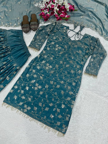 Stunning Teal Blue Color Sequence Work Dhoti Suit