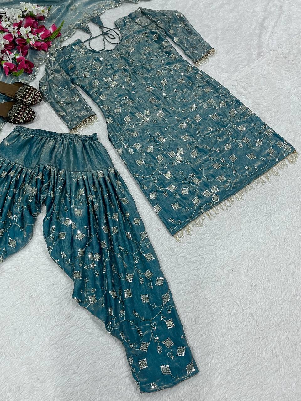 Stunning Teal Blue Color Sequence Work Dhoti Suit