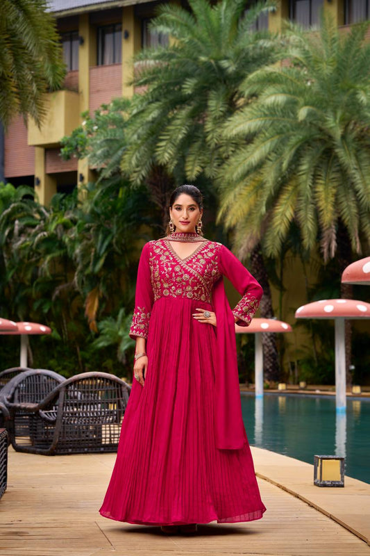 Graceful Red Color Embroidery Work Gown