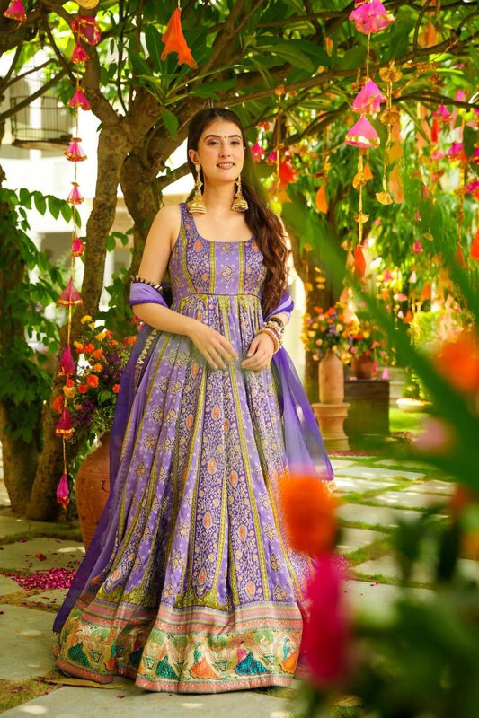 Glorious Purple Color Digital Printed Organza Gown