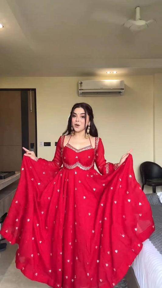 Exclusive Red Color Sequence Work Georgette Anarkali Gown