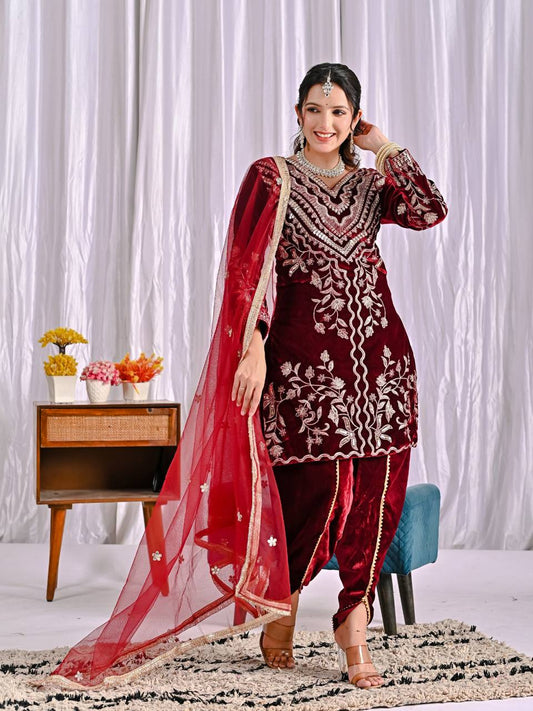 Alluring Maroon Velvet Embroidery Work Dhoti Suit