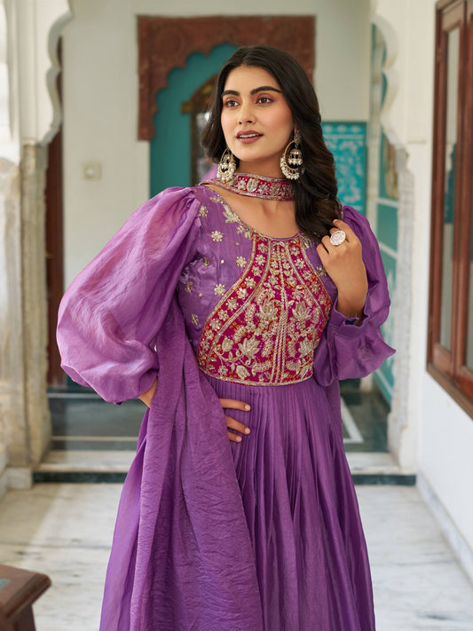 Exclusive Purple Fendy Silk Embroidery Work Gown