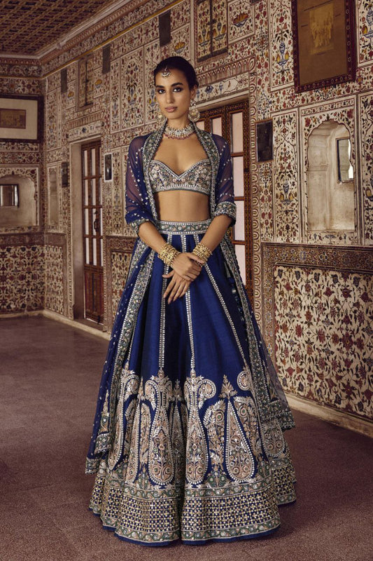 Marvelous Blue Slub Silk Embroidery Work Lehenga Choli