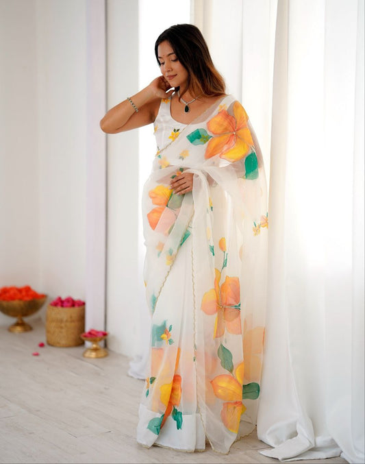 Beautiful White Taby Silk Work Saree