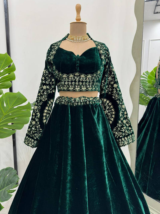 Stylish Green Velvet With Sequence Work Lehenga Choli