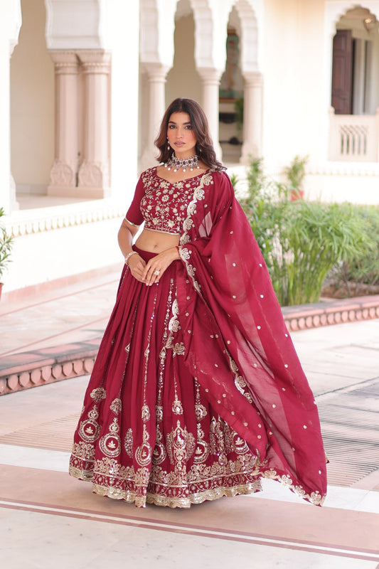 Pretty Maroon Vichitra Silk Thread Work Lehenga Choli