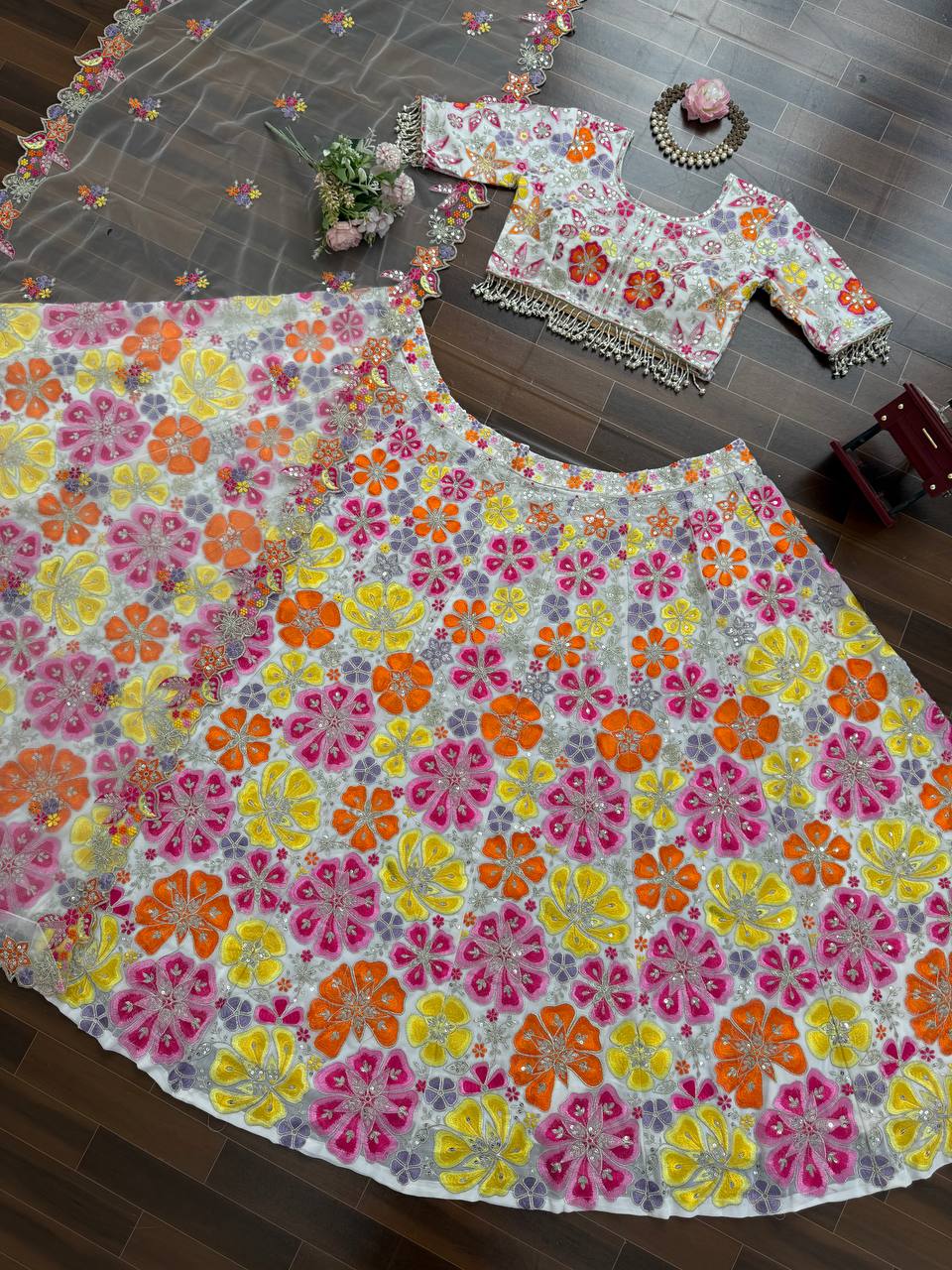 Alluring White Georgette with Sequence Work Lehenga Choli