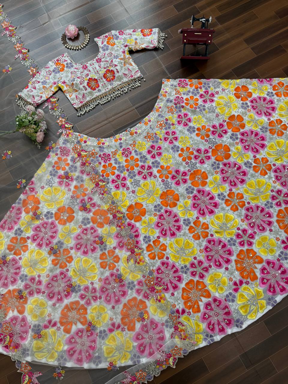 Alluring White Georgette with Sequence Work Lehenga Choli