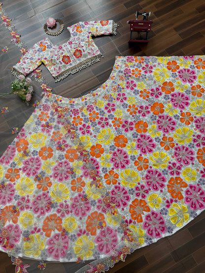 Alluring White Georgette with Sequence Work Lehenga Choli